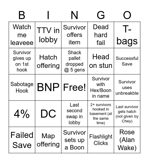 Dead by Daylight Killer Bingo Card