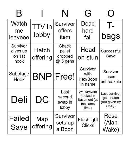 Dead by Daylight Killer Bingo Card