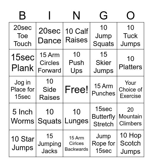 Fitness Bingo Card
