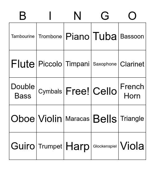Musical Instruments Bingo Card