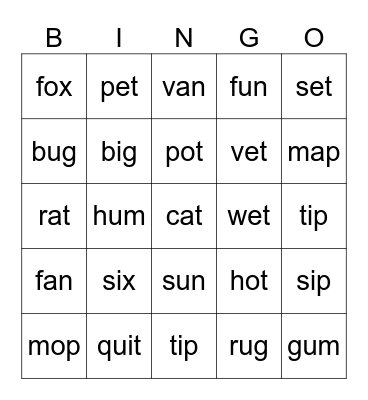 CVC words Bingo Card