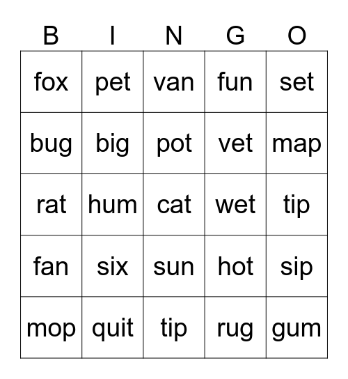 CVC words Bingo Card