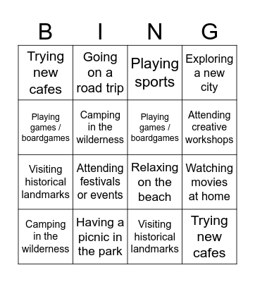 Activities Bingo Card