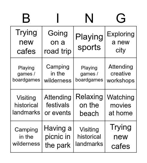 Activities Bingo Card