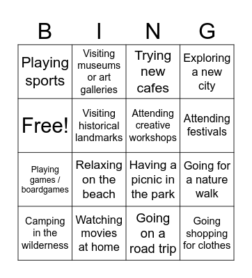 Holiday & Weekend Activities Bingo Card