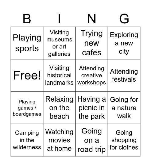Holiday & Weekend Activities Bingo Card