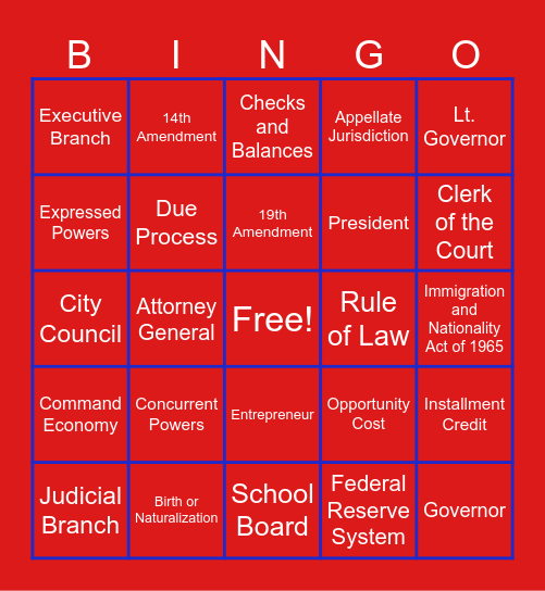 2026 Civics SOL Review BINGO! Bingo Card