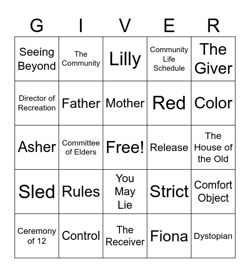 The Giver by Lois Lowry Bingo Card