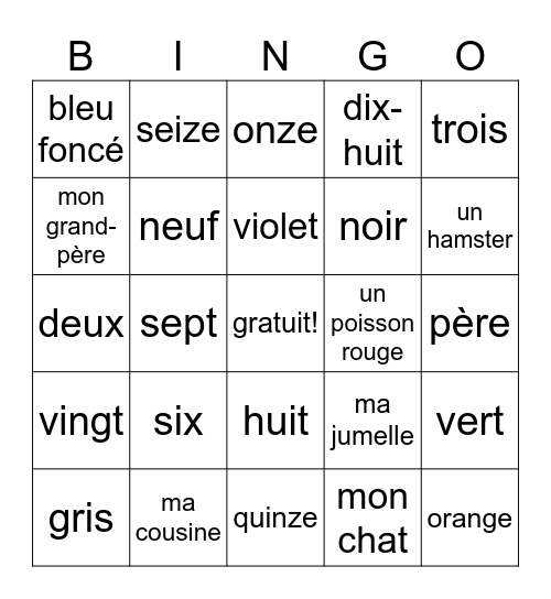 French Vocab Bingo Card