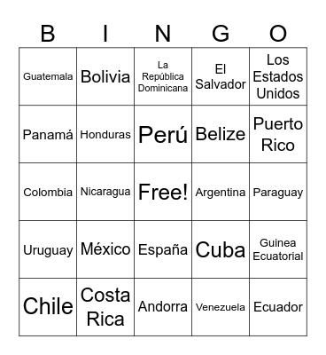 Spanish Speaking Countries Bingo Card