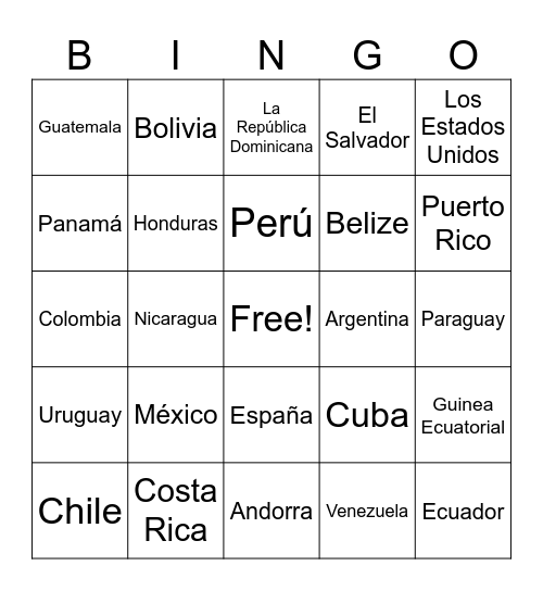 Spanish Speaking Countries Bingo Card