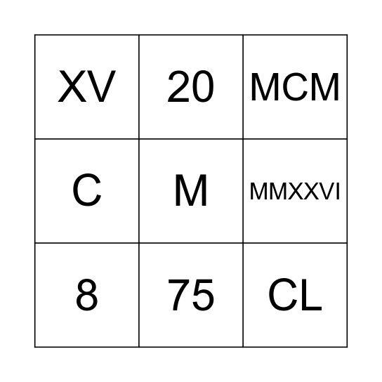 Roman Bingo Card