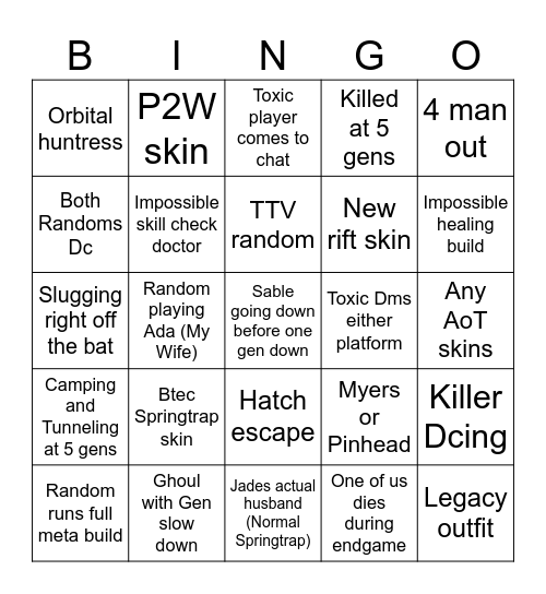 Drunk by Daylight Bingo Card