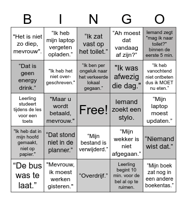 Excuses Bingo Card