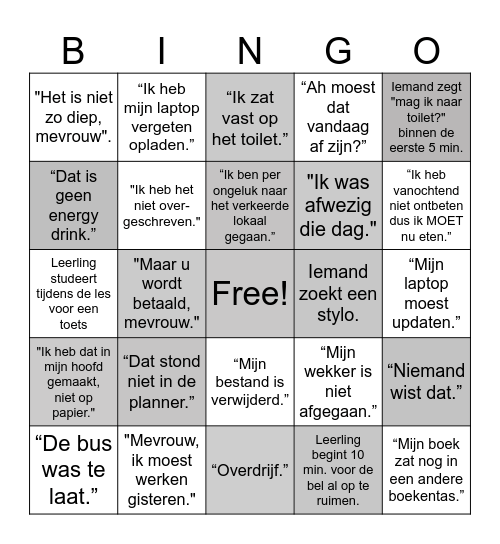 Excuses Bingo Card