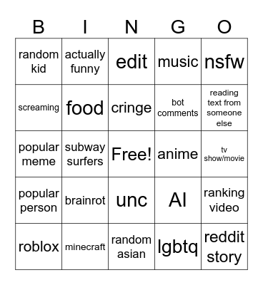 yt shorts bingo Card