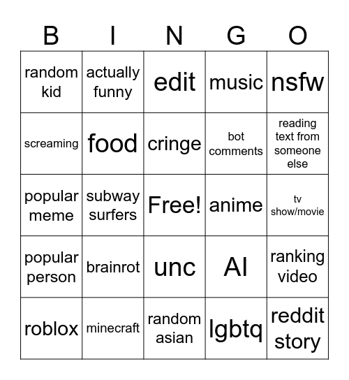yt shorts bingo Card