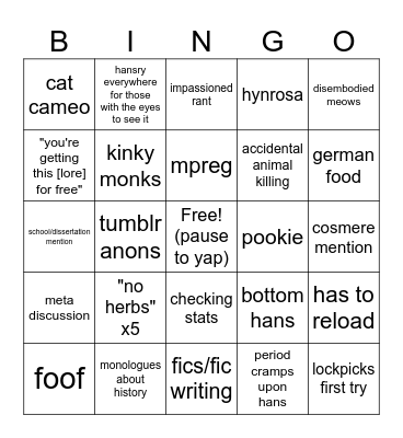 tam bingo Card