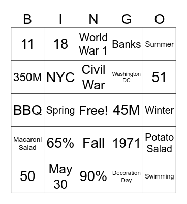 Memorial Day Bingo Card