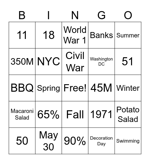 Memorial Day Bingo Card