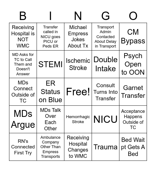 TRANSFER CENTER BINGO Card