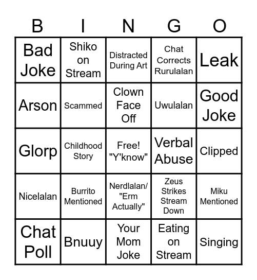 Rurulalan Stream BINGO Card