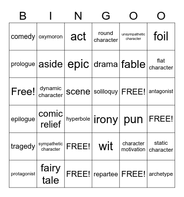 Literary Terms Exam Review Bingo Card