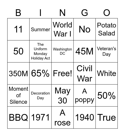 Memorial Day Bingo Card