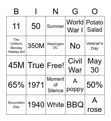 Memorial Day Bingo Card