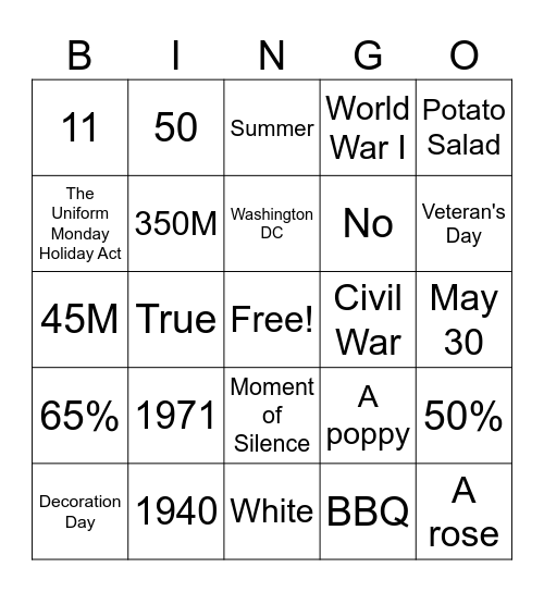 Memorial Day Bingo Card