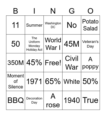 Memorial Day Bingo Card