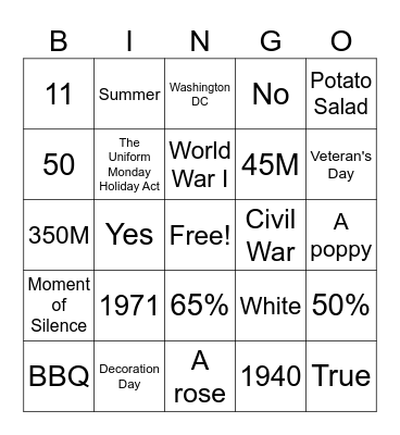 Memorial Day Bingo Card
