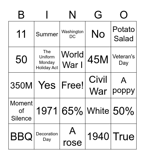 Memorial Day Bingo Card