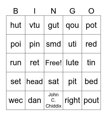 Chiddix Jr High Bingo Card