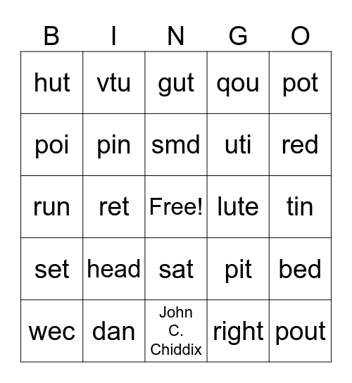 Chiddix Jr High Bingo Card