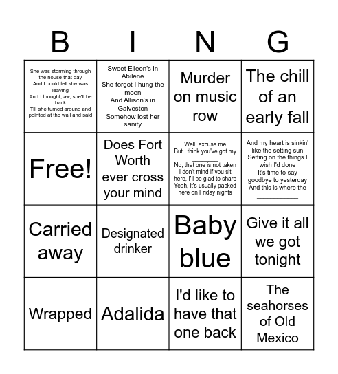 George Strait- Guess the title of the Song Bingo Card