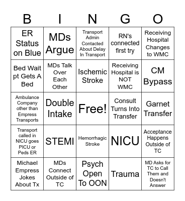 TRANSFER CENTER BINGO Card