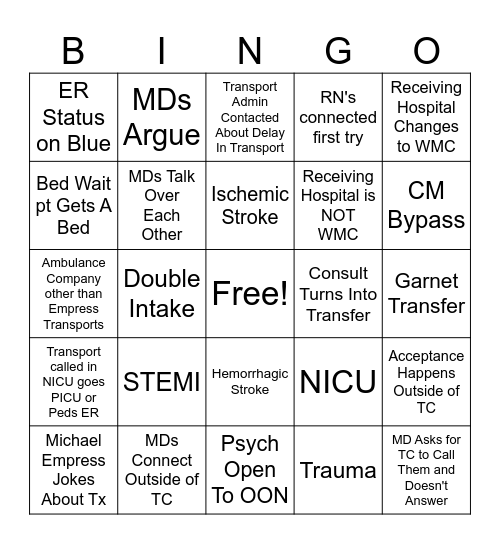 TRANSFER CENTER BINGO Card