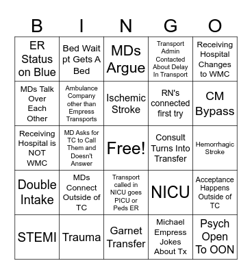 TRANSFER CENTER BINGO Card