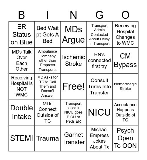 TRANSFER CENTER BINGO Card