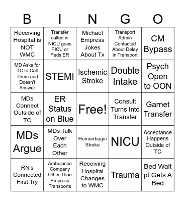 TRANSFER CENTER BINGO Card