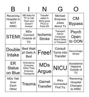TRANSFER CENTER BINGO Card