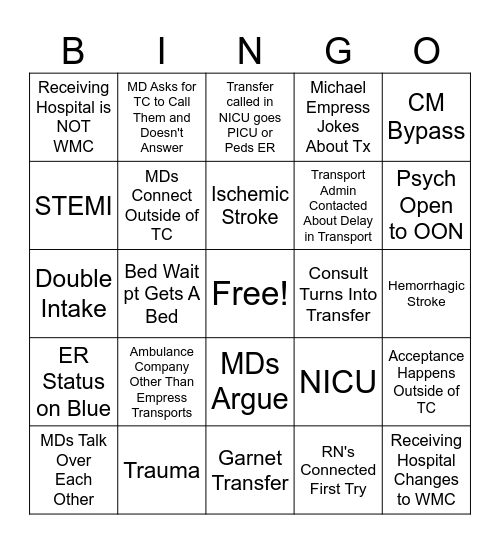 TRANSFER CENTER BINGO Card