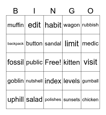 Syllable Division Bingo Card