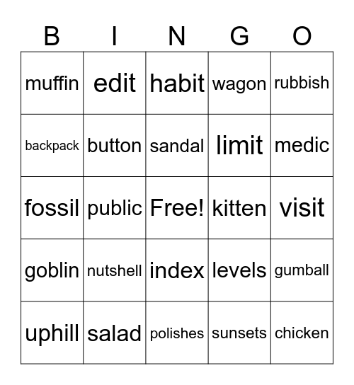 Syllable Division Bingo Card