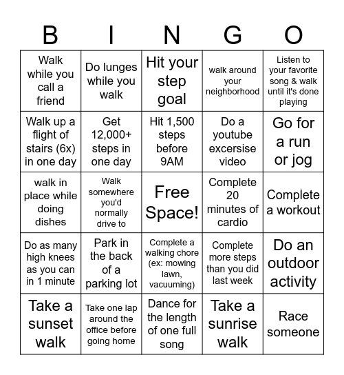 Steps Bingo Card
