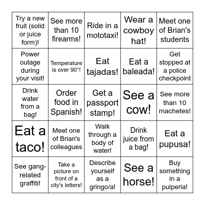 Honduras Bingo Card