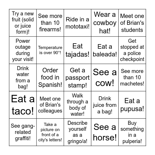 Honduras Bingo Card