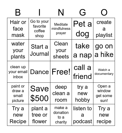 Self-Care BINGO Card