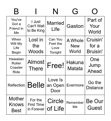 Disney Songs Bingo Card